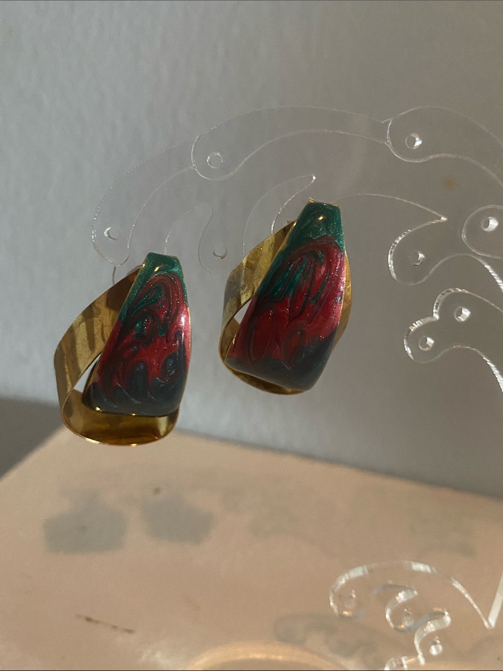 VINTAGE Gold Tone Earrings with Red and Green Enamel Swirl